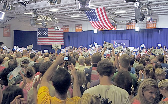 The crowd enthusiastically responds to Wisconsin U.S. representative and vice presidential candidate Paul Ryan.