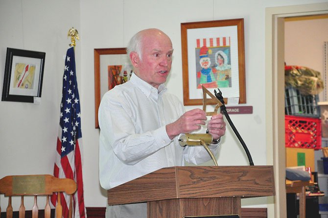 Roger Bailey, a sundial designer, speaks at the Great Falls Library Aug. 15 about a replica sundial he hopes to build at Observatory Park in Great Falls. 