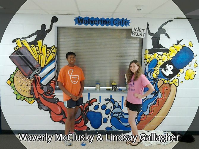West Potomac High School graduates  Waverly McClusky and Lindsay Gallagher were asked by the West Potomac Athletic Booster Club to paint wolverine paws on the stadium and gym entrance and also on the indoor concession stand. McClusky is attending William and Mary; Gallagher is at the University of Virginia. Both students were very involved with the WPHS art department and curriculum as well as other advanced academic courses and extra curricular activities.     This mural is part of the WABC program to instill school spirit and beautify and improve the facilities.
