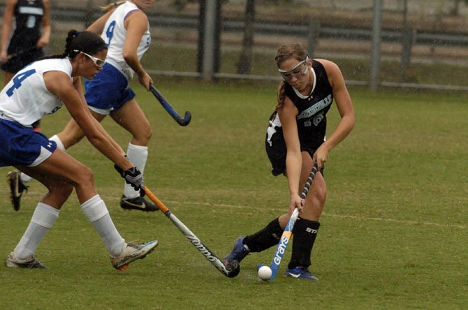 Centreville junior Devin Kelly scored a goal against South Lakes during the “Under the Lights” tournament on Aug. 25 at Lee High School in Springfield.