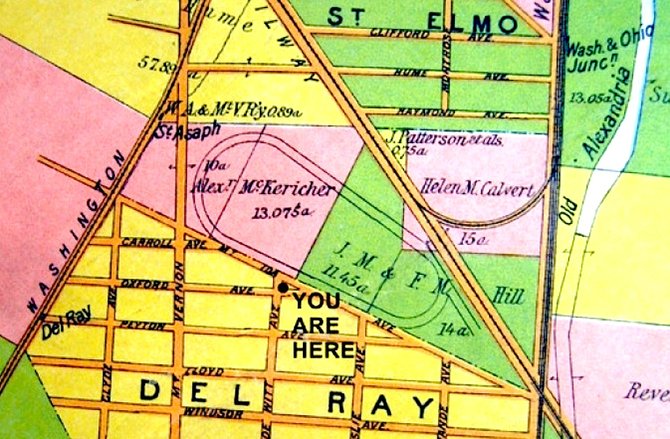 The St. Asaph Racetrack operated between a neighborhood known as St. Elmo and another neighborhood called Del Ray. After the track closed, the two neighborhoods were included in the newly created town of Potomac.