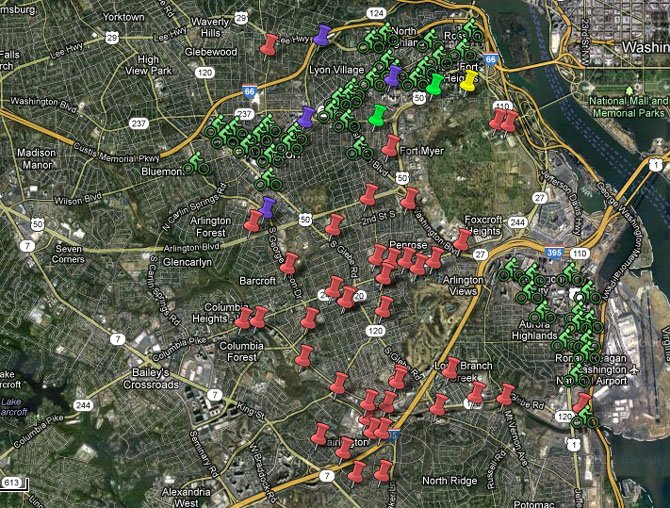 The green bikes represent existing BikeShare stations. The red push-pins indicate the 42 potential locations for 30 new Arlington BikeShare stations. 