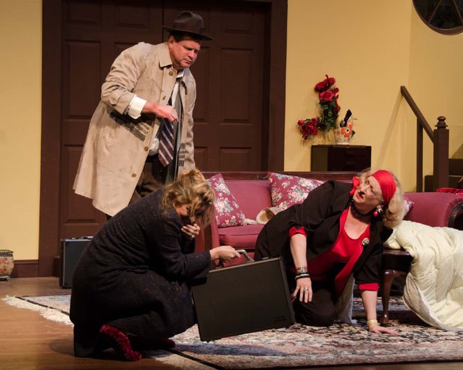 Michael Metz (Passer-by), Charlene Sloan (Jean Perkins), and Gayle Nichols-Grimes (Betty Johnson) in Little Theatre of Alexandria’s “Funny Money.”