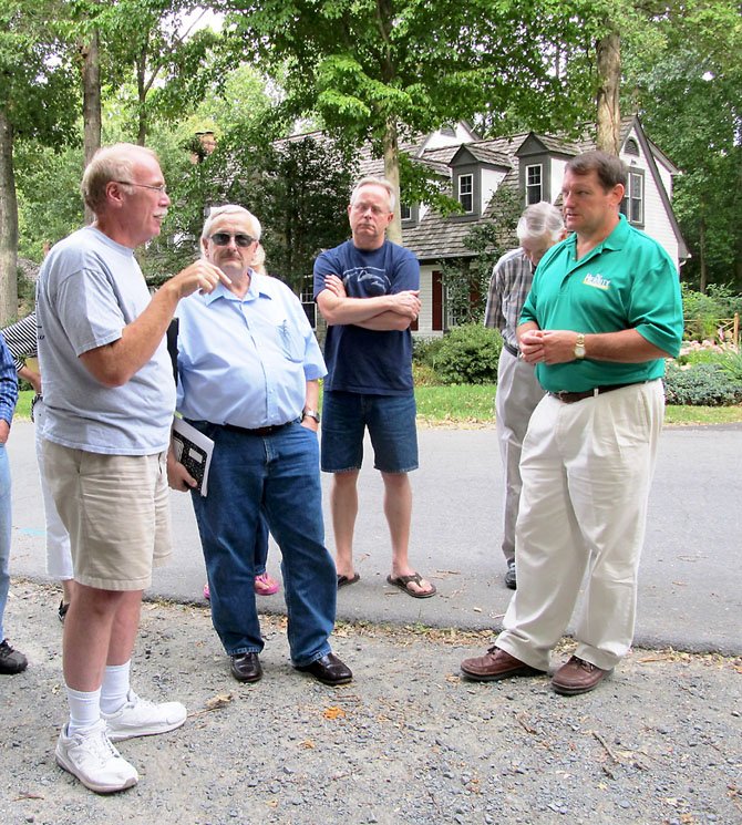 South Run residents in Fairfax Station meet with Supervisor Pat Herrity (R-Springfield) to discuss concerns about the Burke Lake Park Dam project. From left, Chris Leach, Chuck Caposell, Tony Bralich, Jim Robinson and Pat Herrity.
