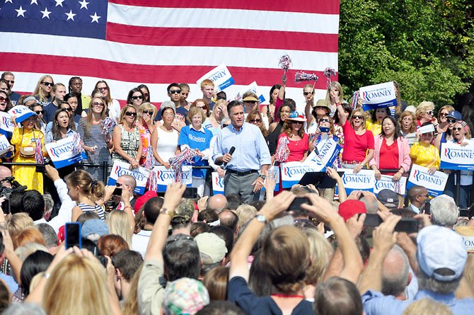 Mitt Romney speaks to a crowd at Van Dyck Park in Fairfax, Thursday, Sept. 13. 
