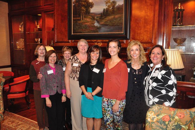 From left, Judy Mahanes, Susan Reber, Mary Stout, Karen Magley, Elizabeth Harrell, Katherine Stewart, Annette Kerlin and Ricki Harvey at the Great Falls Friends and Newcomers luncheon Tuesday, Sept. 18. Harrell and Stewart were among four students who received scholarships from the club. 