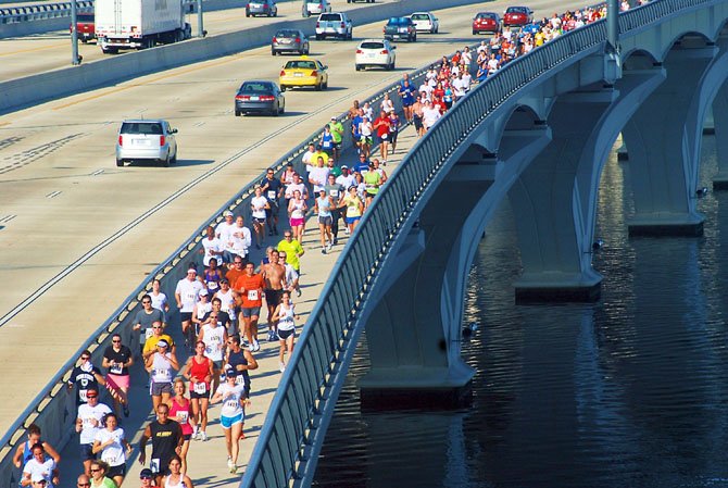 Runners will cross the Potomac River Oct. 7 in the Woodrow Wilson Bridge Half Marathon. Morning traffic from Mount Vernon to the bridge access in Alexandria will be affected.