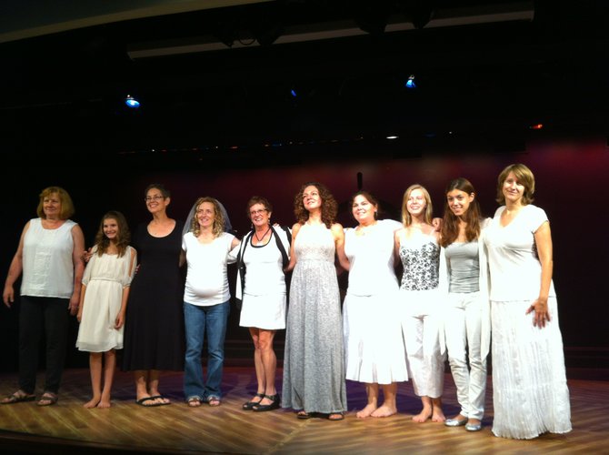 "The Goddess Diaries" rehearsal picture from the July 2012 DC Fringe Festival Performance. From left: Susan Bennett, Olivia Herbold, Kim Scudera, Kay Campbell, Annetta Sawyer, Patricia Talmadge, Bethany Michel, Alex Giller, Brittany Martz and Cami St. Germain.