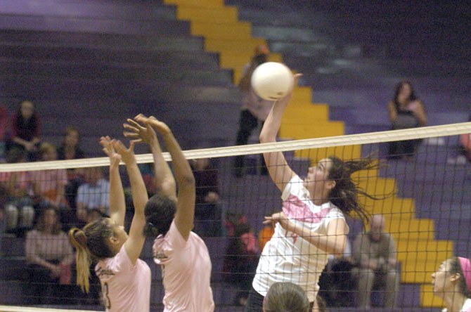 Lake Braddock senior Natalie Butler had 10 kill-blocks against West Springfield on Oct. 9. Butler, a six-foot-four middle blocker, has a basketball scholarship to Georgetown.