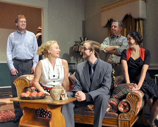 From left, Mike Dazé (Paul), Sara Bennett (Penny), Christopher Schwartz (Tony Kirby), Joe Gargiulo (Mr. DePinna) and Andra Whitt (Essie Carmichael) in rehearsal for the Providence Players production of “You Can't Take it with You.”
