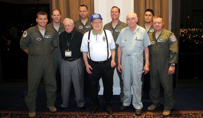 From left are Capt. Garner, Maj. Otis, B.W. Curry (WWII veteran), Capt. Byrne, Frank Mullinax (WWII veteran), Lt.Col. Benjamin, Cliff Bailey (WWII veteran), Capt. Birckett, Lt.Col. Oakden (49 FTS Commander AT-38s Columbus AFB, MS).