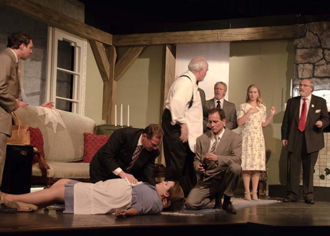 “Everyone is accused,” from left, Evan Milberg, Amy Wolf (on floor) Bob Cohen, Bailey R. Center, Davis James, Jenni Patton and Jim Howard appear in ACCT’s production of Agatha Christie’s “And Then There Were None.”
