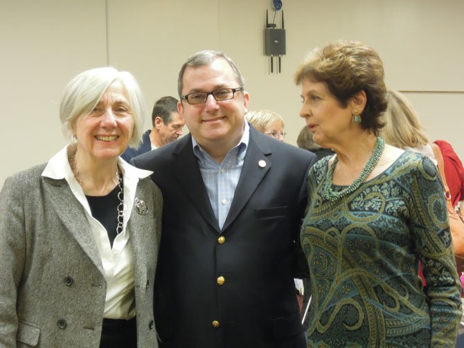 Catherine Kreps, president of American Association of University Women (left), state Sen. Adam Ebbin (center) and Jeanne Gayler, project director for the human trafficking issue for AAUW (right) on Thursday, Oct. 11, at the Sherwood Library.
