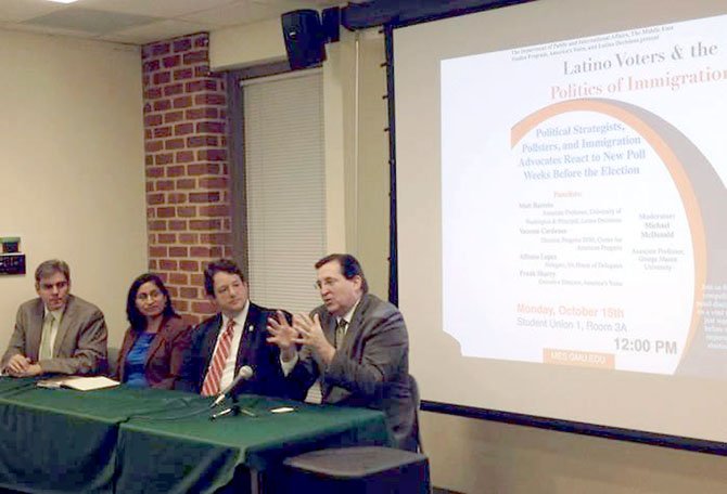 Michael McDonald, (left) a GMU professor and political analyst, moderated a panel discussion Monday, Oct. 13 on the impact of Latino voters in Virginia. The panel included Vanessa Cárdenas, executive director of Progress 2050 Action, Center for American Progress Action Fund; Del. Alfonso Lopez (D-49); and Frank Sharry, executive director of America’s Voice.

