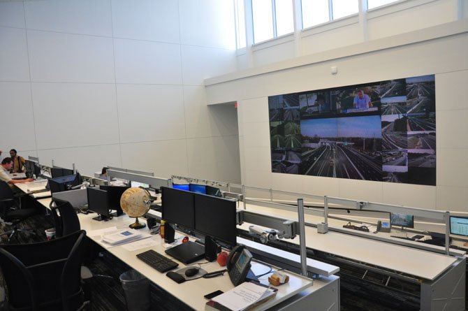 The main screen at the 495 Express Lanes Operations Center in Alexandria, which provides complete coverage of the lanes in order to set the toll pricing.