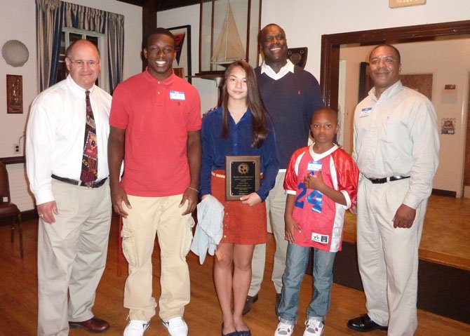 Washington Redskins great Dexter Manley presented the Athletes of the Month awards Oct. 16 at the Alexandria Sportsman's Club meeting at the Old Dominion Boat Club. Pictured are Redskins historian and author Mike Richman, Darius Manora (SSSA football), Stephanie Lin (BIHS girls tennis), Jaden Thrash (85lb American Division, Alexandria Titans Youth Football) and club president Jeff Murphy.

