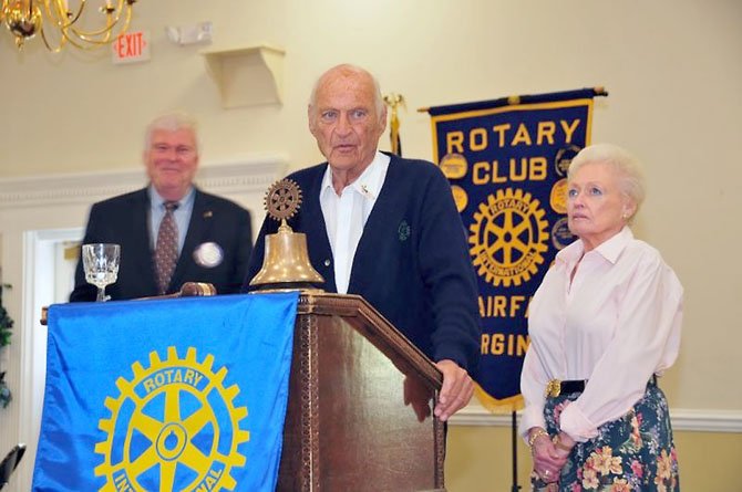 Bruce Jennings and Nancy Lee Jennings look on as Judge Bernard Jennings addresses members of The Fairfax Rotary Club.