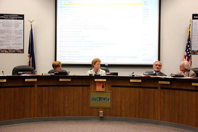 ACPS School Board members, from left: Helen Morris, vice chair; Sheryl Gorsuch, chairman; Morton Sherman, Superintendent and Arthur Peabody. 
