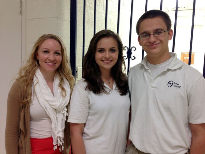 From left: Bishop O’Connell Choral Director Laura Van Duzer poses with Bishop O’Connell seniors Sophia Socarras and Ron Singel. Socarras was selected for the 2012 Virginia Music Educators Association (VMEA) Honors Choir and Singel was selected as an alternate.