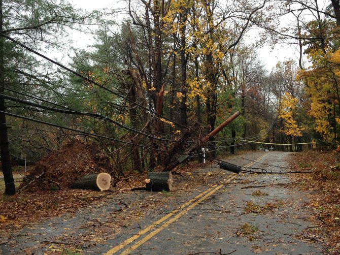 River Bend Road is cut off at the corner of Jeffery Road in Great Falls after a fallen tree knocked down a power line. This picture was taken on Tuesday, Oct. 30, at 12 p.m., the day after Hurricane Sandy swept through Northern Virginia.