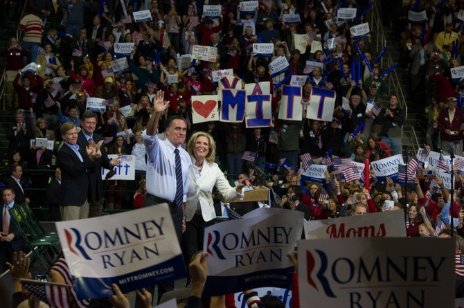 Republican presidential hopeful Gov. Mitt Romney and wife Ann received thunderous applause and cheers from the crowd of 10,000-plus at GMU’s Patriot Center on Monday, Nov. 5. Virginia Governor Bob McDonnell (R) and Republican Senate candidate George Allen (in background) spoke to the crowd before introducing Romney.