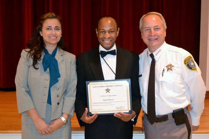 Bettina Deynes and Sheriff Dana Lawhorne thank volunteer James Reeves for his dedication. Reeves is one of several volunteers from Alfred Street Baptist Church who provide services to inmates.
