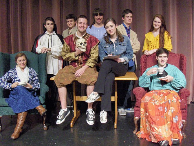 “Laughing Stock” cast members include (from left) Allie Koenigsberg, Julian Sanchez, Alex Mann, Mitchell Buckley, Zoe Hawryluk, Madeleine Bloxam, T.J. Vinsavich, Samantha Dempsey and Brandon Sanchez (holding teacup). 
