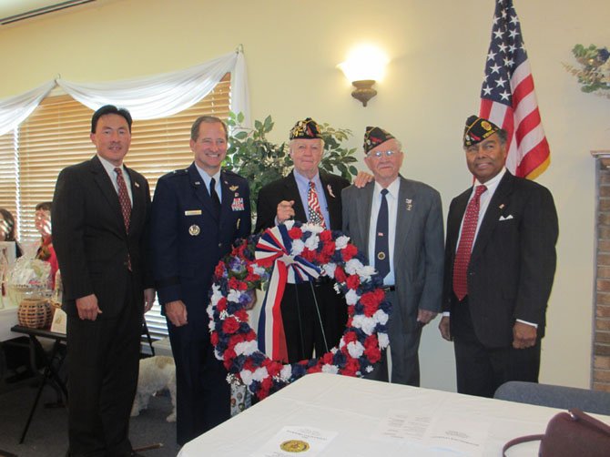 Del. Mark Keam [D-35], Brig. Gen. Bob Ranck (Ret), Post 180 Chaplain Bob Hatter, veteran Larry Rentrop, and Post 180 Commander Ron Patterson at American Legion Dyer-Gunnell Post 180 Veterans’ Day program.