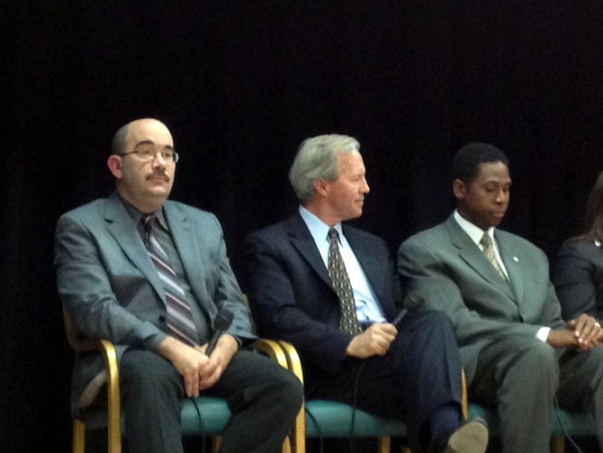 George Leventhal at large, Phil Andrews and Craig Rice at the Nov. 8 town hall meeting at Potomac community center.