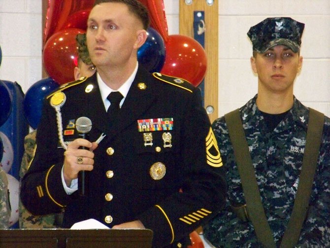 Master Sergeant Gorman, parent of Oak View fourth grader Keenan Gorman, organized the military color guard.