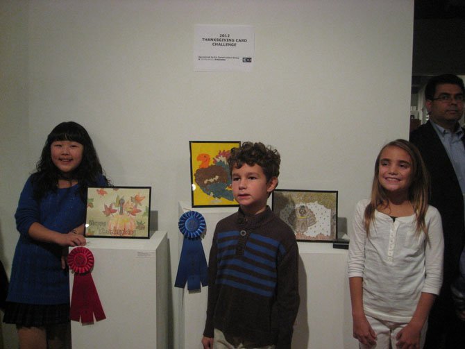 2012 Thanksgiving Card Challenge winners (from left): second place—Estelle Kim, Dranesville ES, first place—Patrick Nappi, Westbriar ES, third place—Jenna Vigneault, Dranesville ES. 