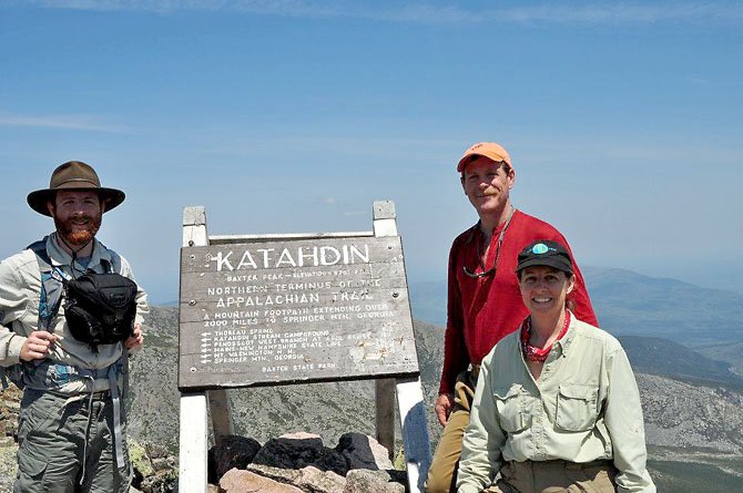 From left, Tracy, Scott and Lisa Jenkins of McLean, at Mount Katahdin in Maine, the northernmost point of the Appalachian Trail. Tracy and Scott Jenkins hiked from Maine to Harpers Ferry, W.V. on the trail, and Scott finished the entire 2,100-plus mile trip to Georgia in October.