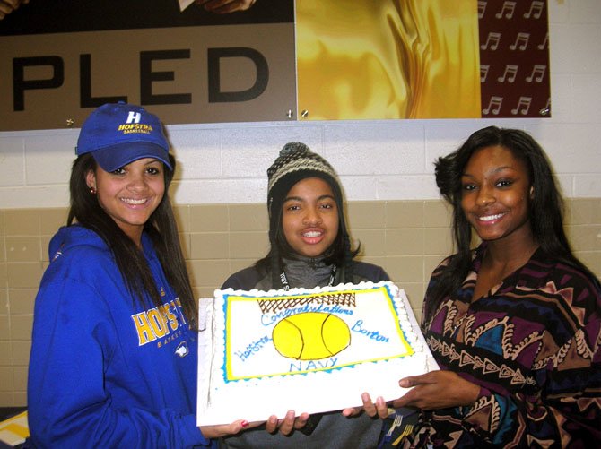 From left: Mount Vernon seniors Kelly Loftus, Taylor Dunham and Tiffany Webster are seen during a college signing party at MVHS on Nov. 14. Loftus signed with Hofstra. Dunham plans to sign with Navy in the spring and Webster plans to sign with Barton College in the spring.