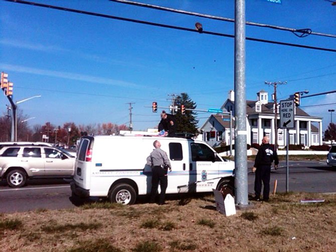 Animal Control Officers work to rescue owl on wire.  