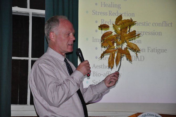 Bill Canis, co-chair of the Great Falls Citizens Association environmental committee, speaks about local tree issues during a meeting at the Grange Thursday, Nov. 15.