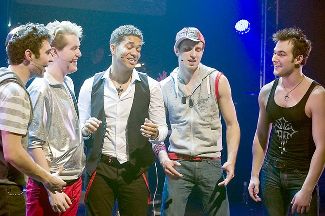 Cast of Altar Boyz, from left, Zack Powell as Abraham; Edward C. Nagel as Mark; Jonathan Walker as Juan; Derek Tatum as Luke; and BJ Gruber as Matthew.