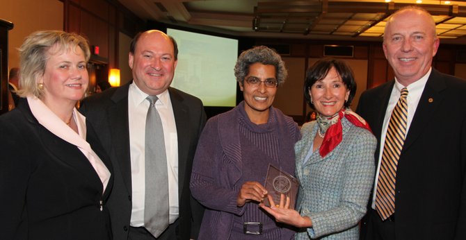 Inova Fair Oaks Hospital named "2012 Top Hospital" by the Leapfrog Group. Left to right: Leah Binder, president and CEO of Leapfrog; G. Michael Lynch, chief medical officer; Sarita Gopal, president of medical staff; Eileen Ciccotelli, vice president of Business Coalition on Health; John Fitzgerald, chief executive officer of Inova Fair Oaks Hospital.
