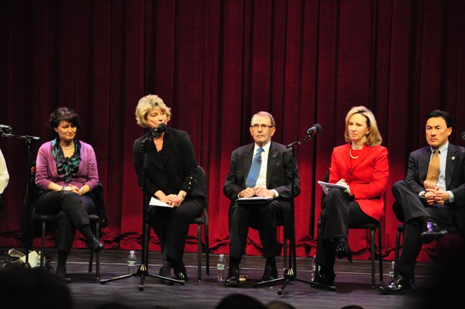 From left, State Senators Barbara Favola (D-31) and Janet Howell (D-32), with Delegates Bob Brink (D-48), Barbara Comstock (R-34) and Mark Keam (D-35) at the McLean Community Center Wednesday, Jan. 2. 