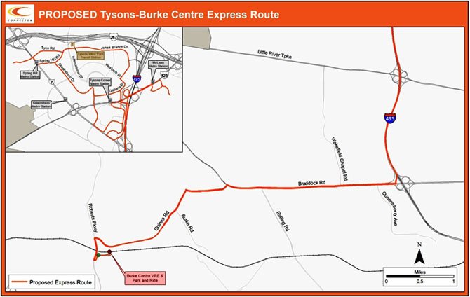 Route from Burke to Tysons. The trip is expected to take about one hour.