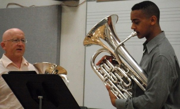 Joe Broom plays with his coach, Steven Mead, UK-based international euphonium virtuoso soloist.