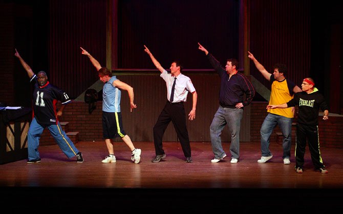 The “Hot Metal Boys” of Malcolm Lee (Noah), Keith Miller (Ethan), Michael Gale (Malcolm), Christopher Harris (Dave), James Hotsko (Jerry), and Jack Stein (Harold) rehearse their stage act in LTA’s production of “The Full Monty.”