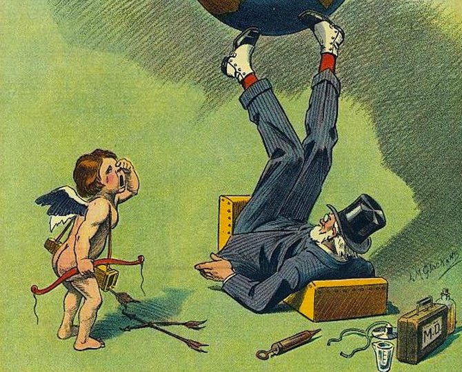 This 1913 cover of Puck Magazine features a well-dressed man balancing the earth with his legs. A cherub weeps over the headline, 'Eugenics Makes the World go ’round.'