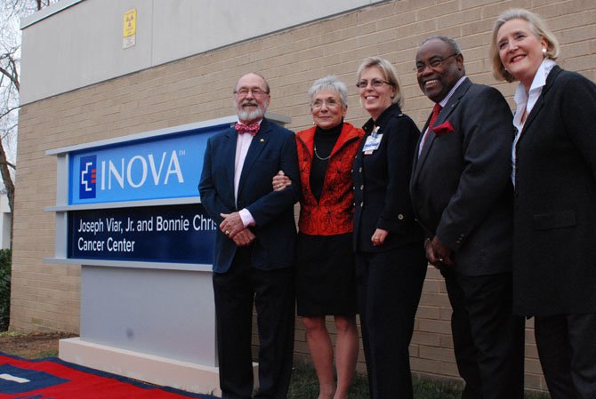 Mayor Bill Euille, state Sen. George Barker (D-39), Inova Alexandria CEO Christine Candio, Joseph Viar Jr., Bonnie Christ and state Sen. Adam Ebbin (D-30) at the dedication of the Inova Alexandria Cancer Center.