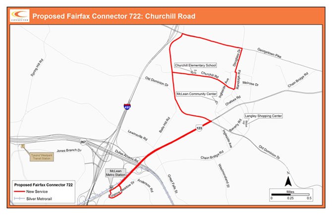 A preliminary route diagram of one of four new circulator bus routes in Tysons Corner that will serve Metrorail stations along the Silver Line. 