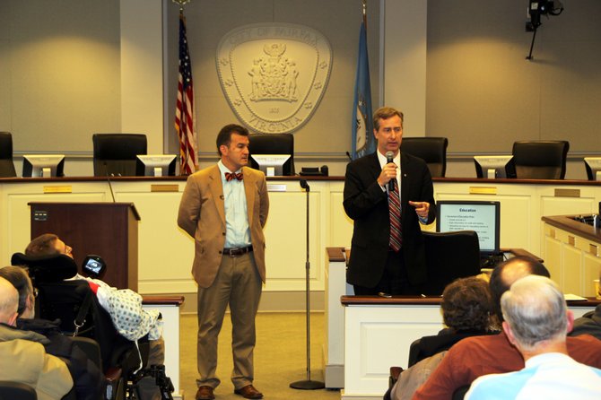 From left, State Sen. Chap Petersen (D-34) and Del. David Bulova (D-37) provided an overview of issues that are currently before the General Assembly and took questions from constituents during their winter Town Hall meeting at the City of Fairfax City Hall Saturday, Feb. 2.