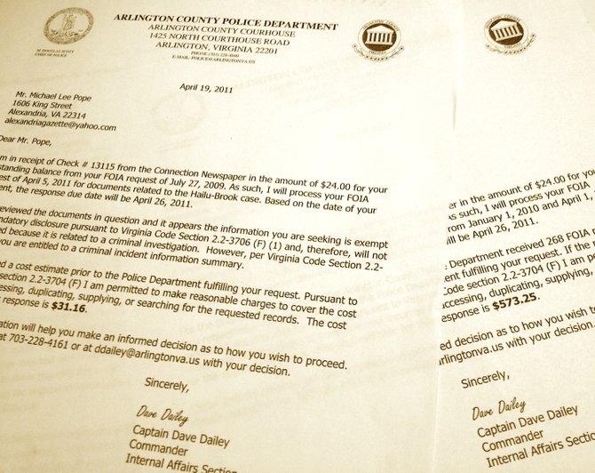 Unlike other police agencies in Northern Virginia, the Arlington County Police Department has a practice of charging for staff time associated with providing public information in cases large and small. On the left is a cost estimate of $31.16 for a six-line summary of a report police officials refuse to release. On the right is a cost estimate of $573.25 for all the Freedom of Information Act requests the police department received in a year.