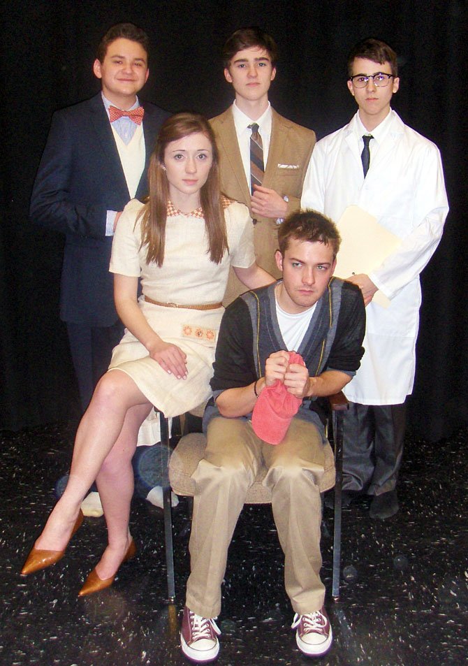 In character for Westfield’s “Flowers for Algernon” are (back row, from left) Alex Mann and brothers Brandon and Julian Sanchez and (front, from left) Madeleine Bloxam and Mitchell Buckley