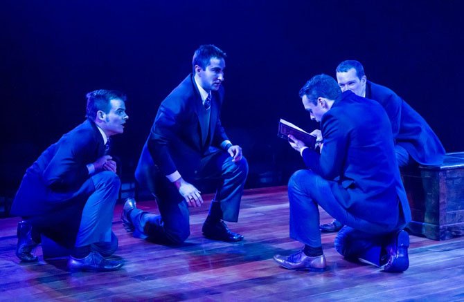 A tight-knit band of boarding school students (from left: Alex Mills, Joel David Santner, Jefferson Farber, and Rex Daugherty) uncover a secret copy of the banned play “Romeo and Juliet” in “Shakespeare’s R&J,” now playing at Virginia’s Signature Theatre through March 3, 2013.