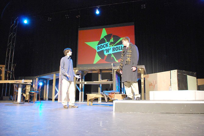 South County Seniors Alex Hargitt, 18, and Matthew Yamamoto, 17, act out a scene as grad student Jan and his professor-mentor Max from Tom Stoppard’s “Rock ’n’ Roll.”