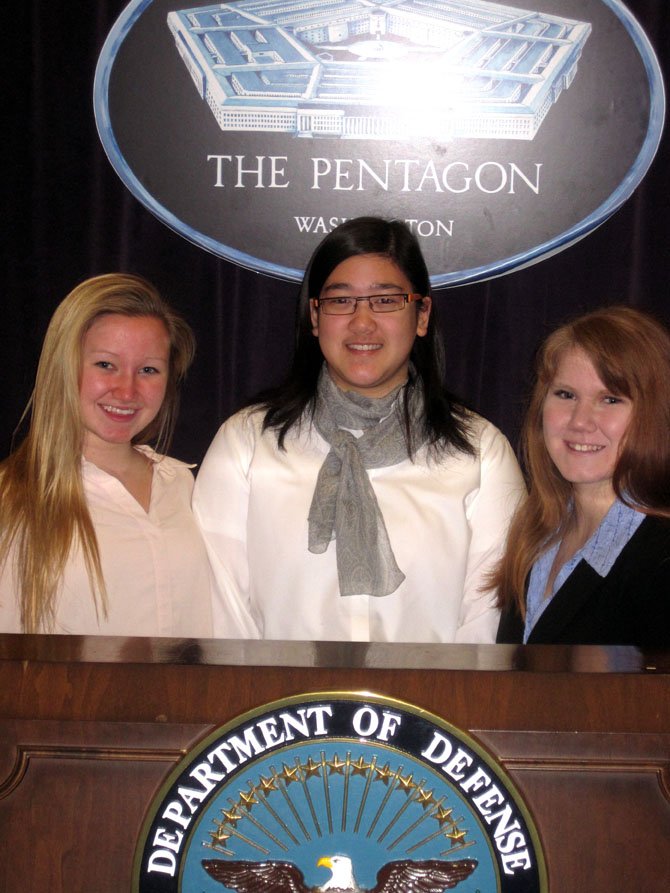 Chantilly Academy students in the Air Force Association’s CyberPatriot program participated in a federal IT Job Shadow Day at the Pentagon, last Thursday, Feb. 7. Learning that the Pentagon’s chief information officer is a woman, future cyber-defenders (from left) Westfield High students Jackie Lasky and Tanya Sutan-Tanon, plus Fairfax High’s Jessica Miers, are encouraged in their plans for successful careers in cybersecurity.